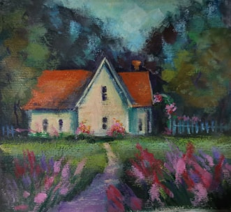 Rural house with porch surrounded by orange trees and open fields