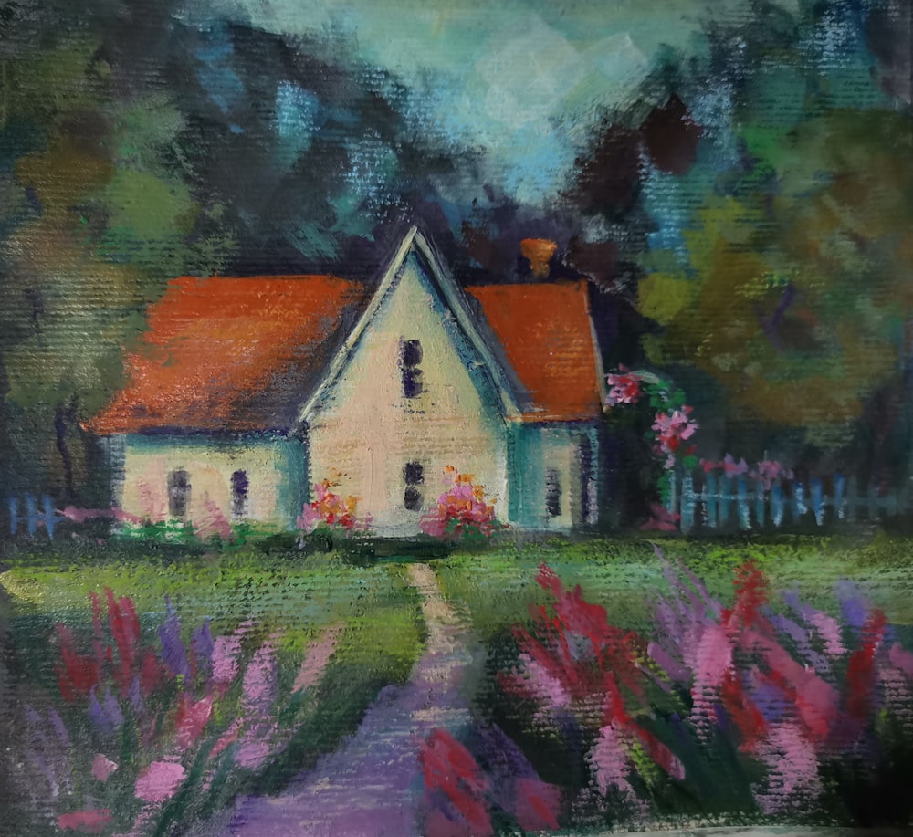 a painting of a house in a field of flowers