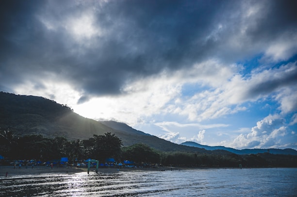 A scenic view of Lombok island with beaches and mountains.