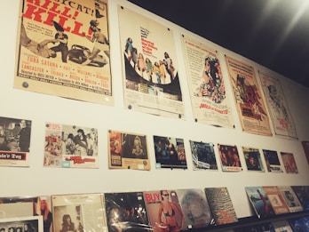 A wall display featuring vintage movie posters and album covers. The posters are arranged in two horizontal rows, with the top row consisting of large movie posters showcasing various films, some with retro themes. Below them are smaller images, likely related to films or music, and a series of vinyl records or album covers displayed on a shelf. The overall aesthetic is nostalgic, reminiscent of mid-20th century pop culture.