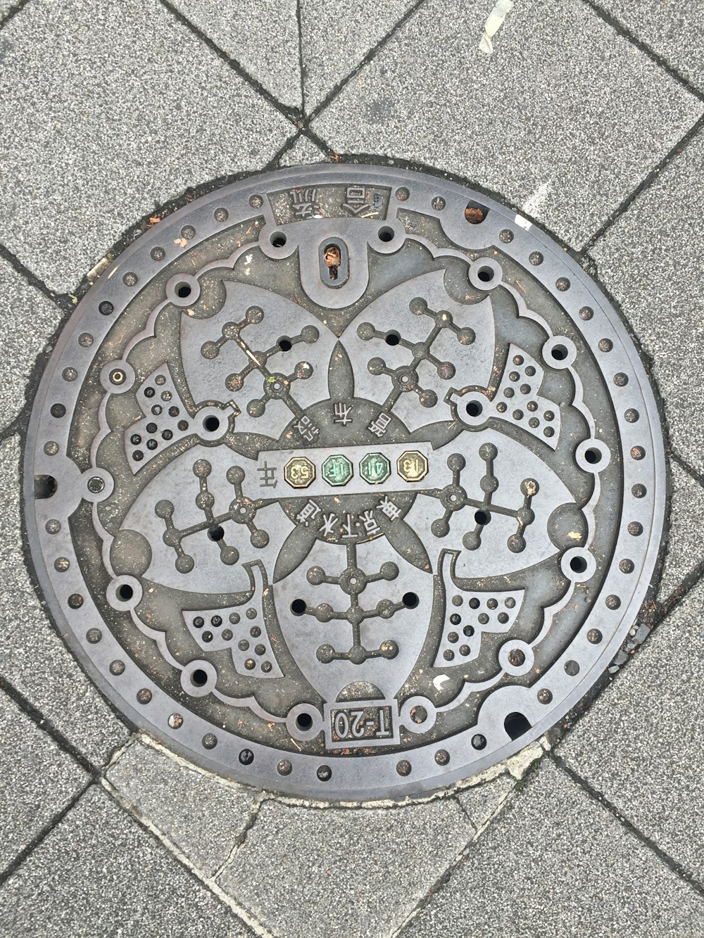 a manhole cover on the ground with a design on it