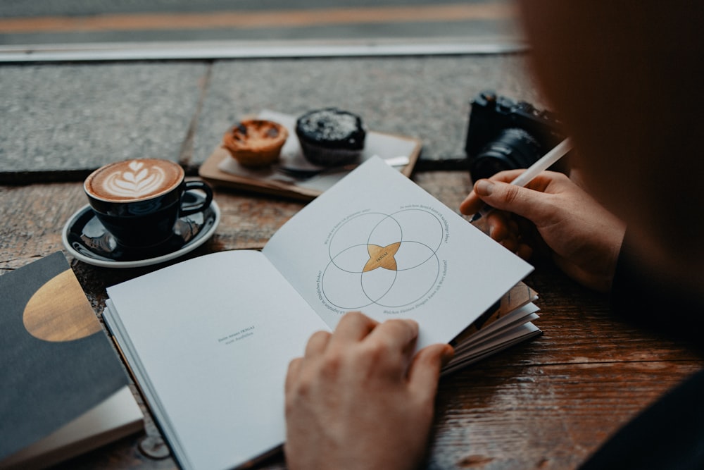 uma pessoa sentada em uma mesa com um livro e café