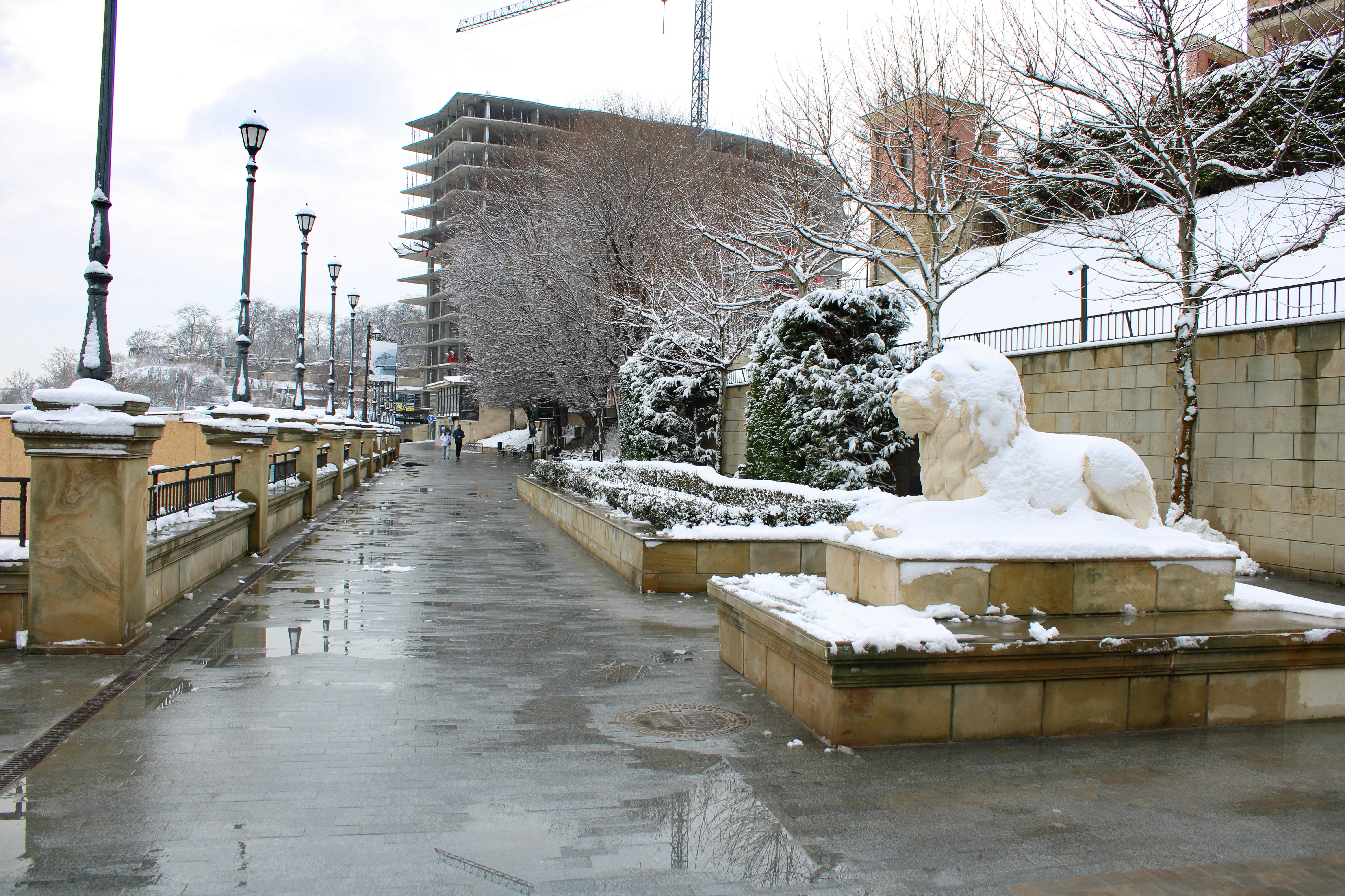 a snow covered walkway with a statue of a lion