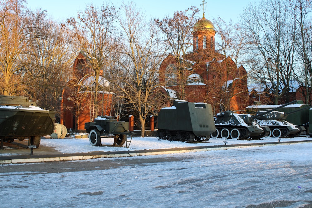 military vehicles parked on the side of the road