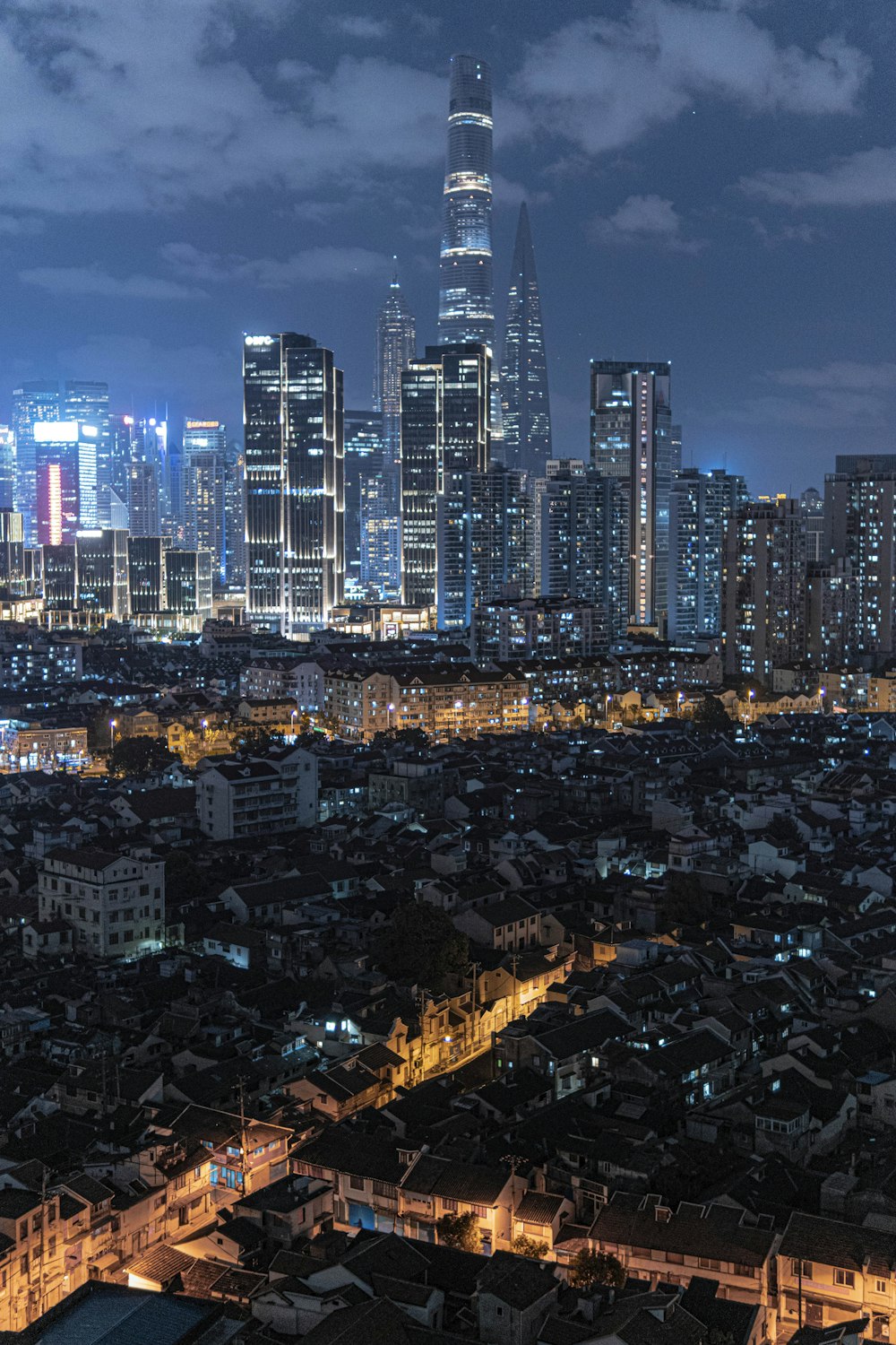 a view of a city skyline at night