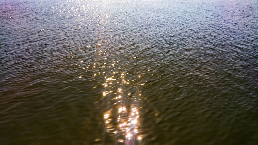a body of water with the sun reflecting off of the water