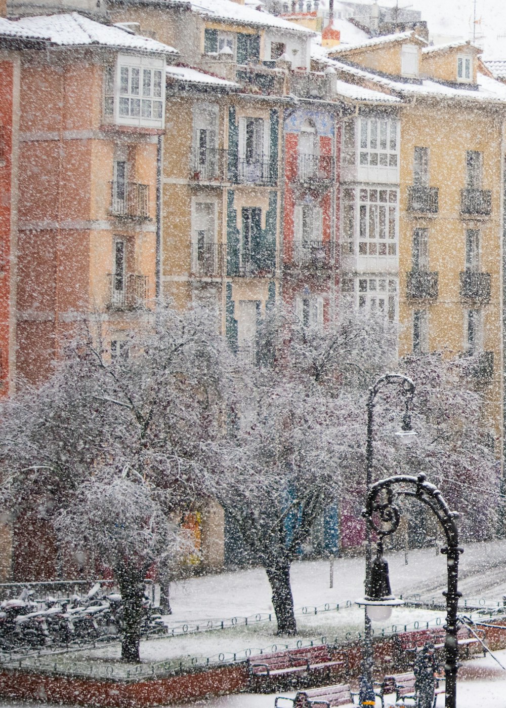 a snowy day in a city with buildings and a street light