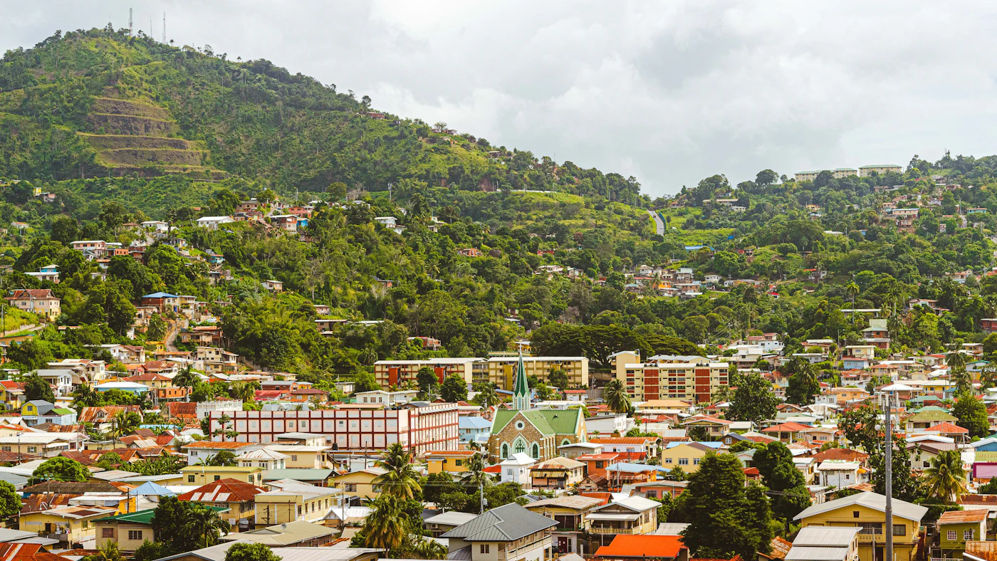 Aerial view of Port of Spain, Trinidad and Tobago, with forested hills behind the city and no people visible