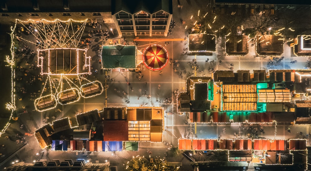 an aerial view of a city at night