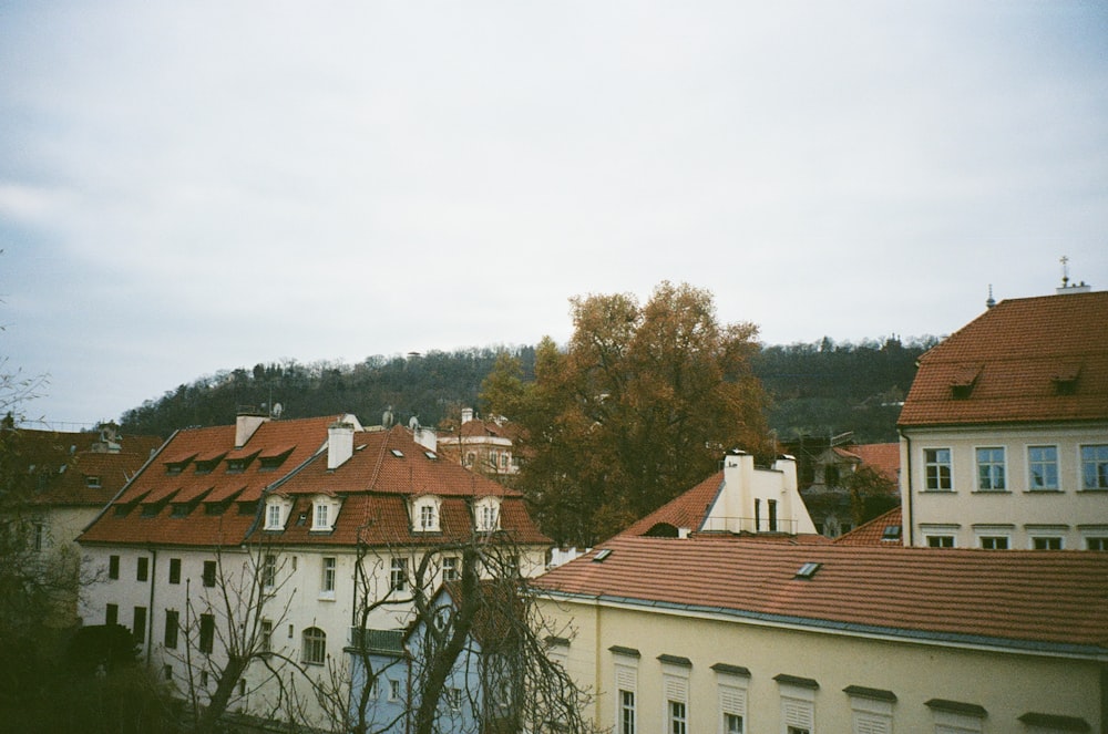 a view of some buildings and a hill in the background