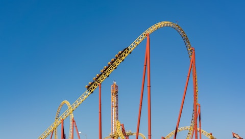 A rollercoaster in an amusement park. It is used to describe the volatility in the stock market. 