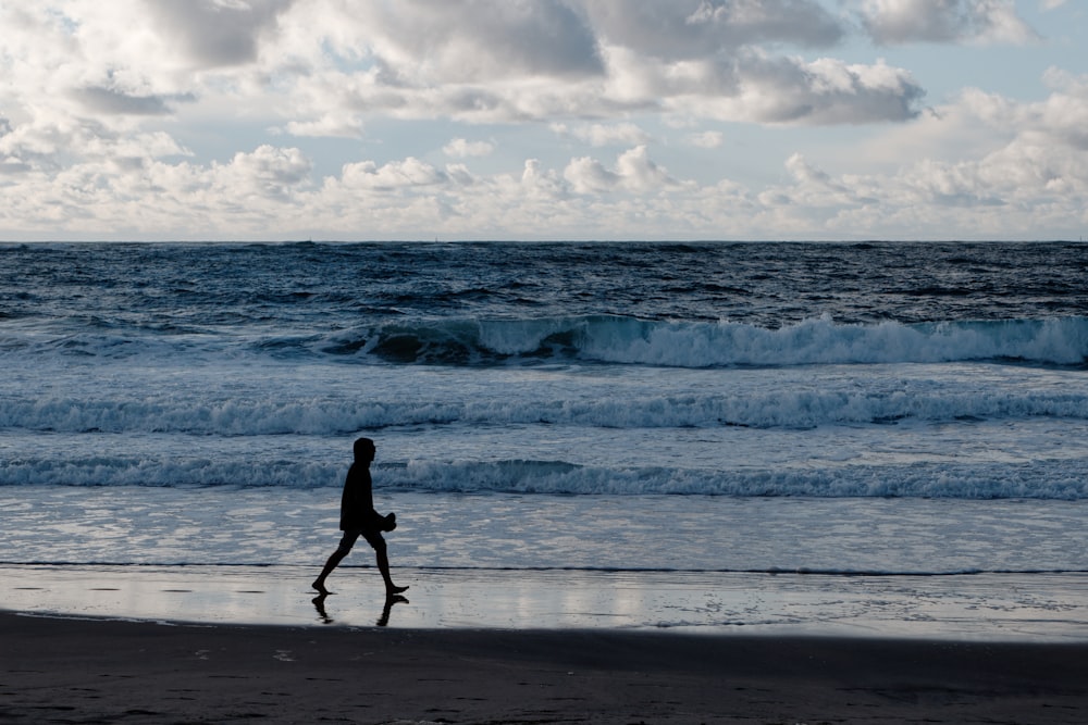 a person walking on a beach next to the ocean