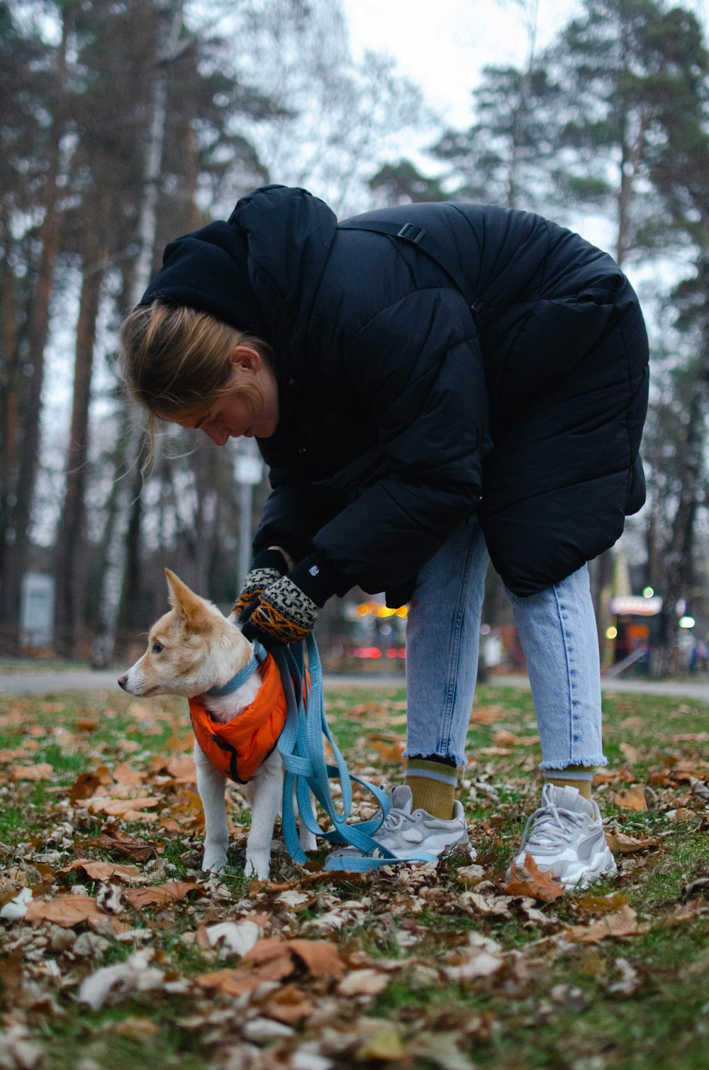 a woman bending over to pet a small dog