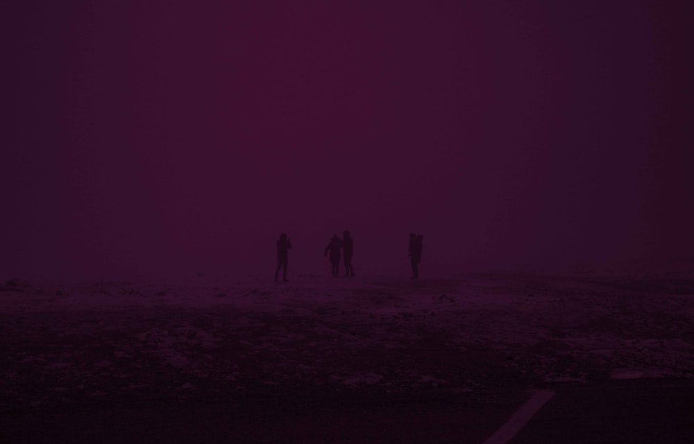 a group of people standing in the middle of a foggy field