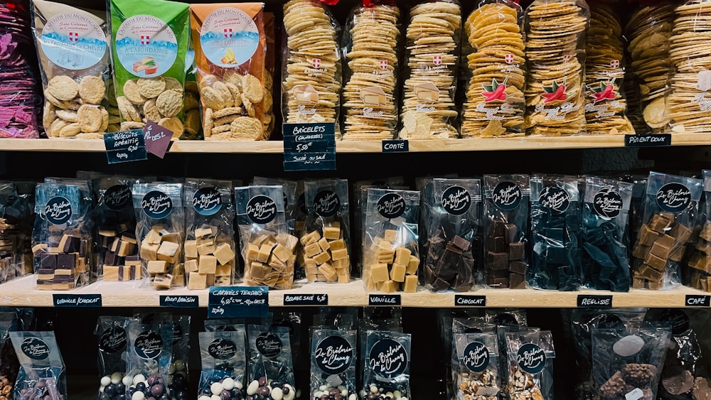 a display in a store filled with lots of different types of cookies