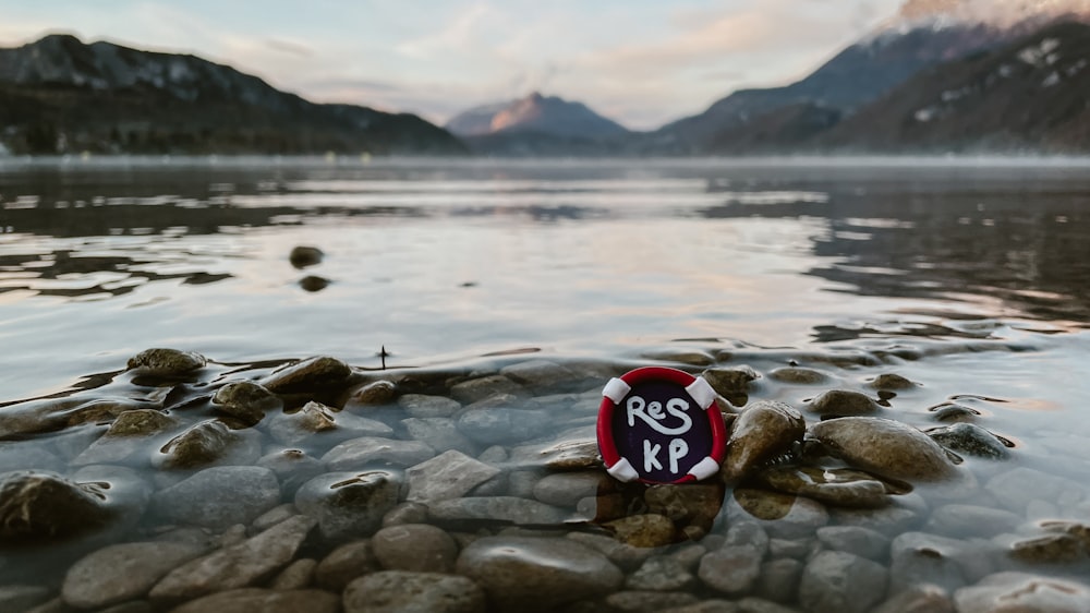 un panneau rouge et blanc assis sur la rive d’un lac