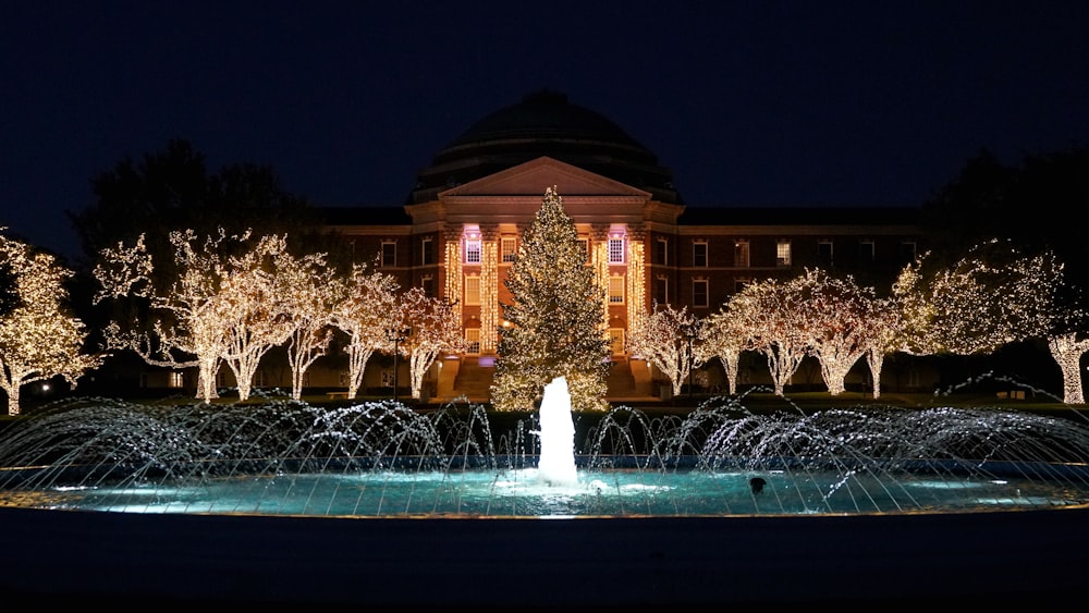 a lighted christmas tree in front of a building