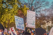 A group of people hold up protest signs in an outdoor setting. The signs contain messages advocating life and opposing killing by various authorities. Trees with autumn foliage can be seen in the background.