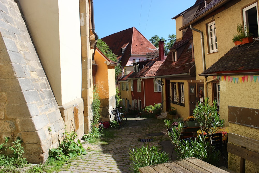 a cobblestone street in a small village