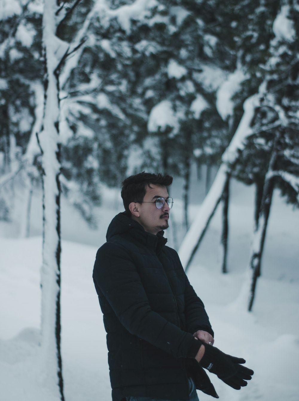 a man standing in the snow in front of trees