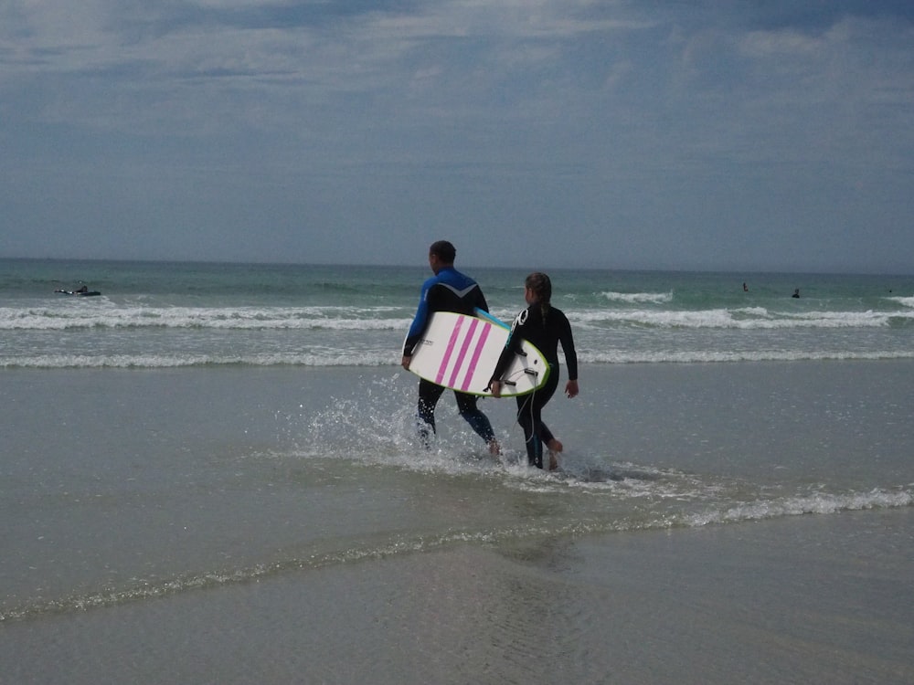 a couple of people that are walking in the water