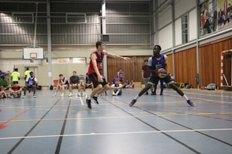 A basketball game is taking place in an indoor court. Two players are in the foreground, one in a red jersey and the other in a blue jersey, engaged in a play. Several other players are seated on the sidelines watching the game. The environment is a gymnasium with a basketball hoop visible on the left and large windows on the upper part of the wall.