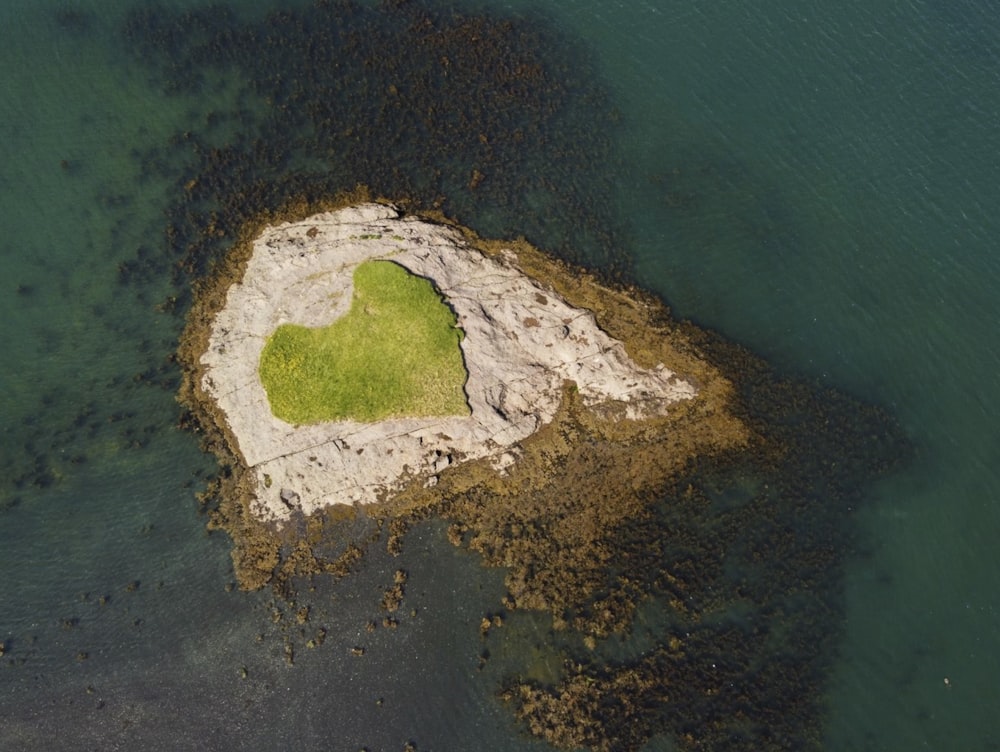 an aerial view of a heart shaped island in the water
