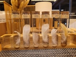 A display of seven test tubes with cork stoppers, each containing delicate white or light-colored feathers. The tubes are labeled with different themes like Comforting, Peaceful, and Energizing. They are arranged on a wooden stand and the setting seems to have a warm, cozy lighting with additional elements like dried plants in the background.