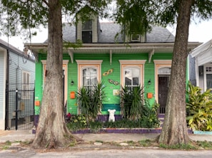 A vibrant, green-painted house with purple accents is flanked by two large trees in the foreground. The house has decorative elements like window trims painted in orange and white, lush greenery with tall plants at the front, and ornamental masks mounted on the wall. A small, white sculpture is centered among the plants.