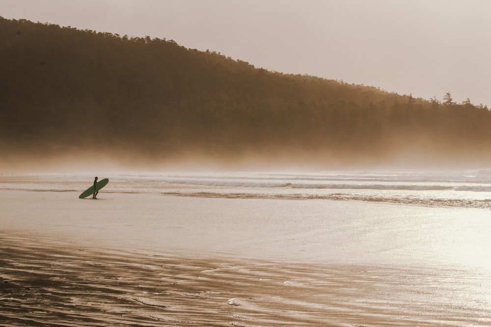 a person walking on a beach with a surfboard