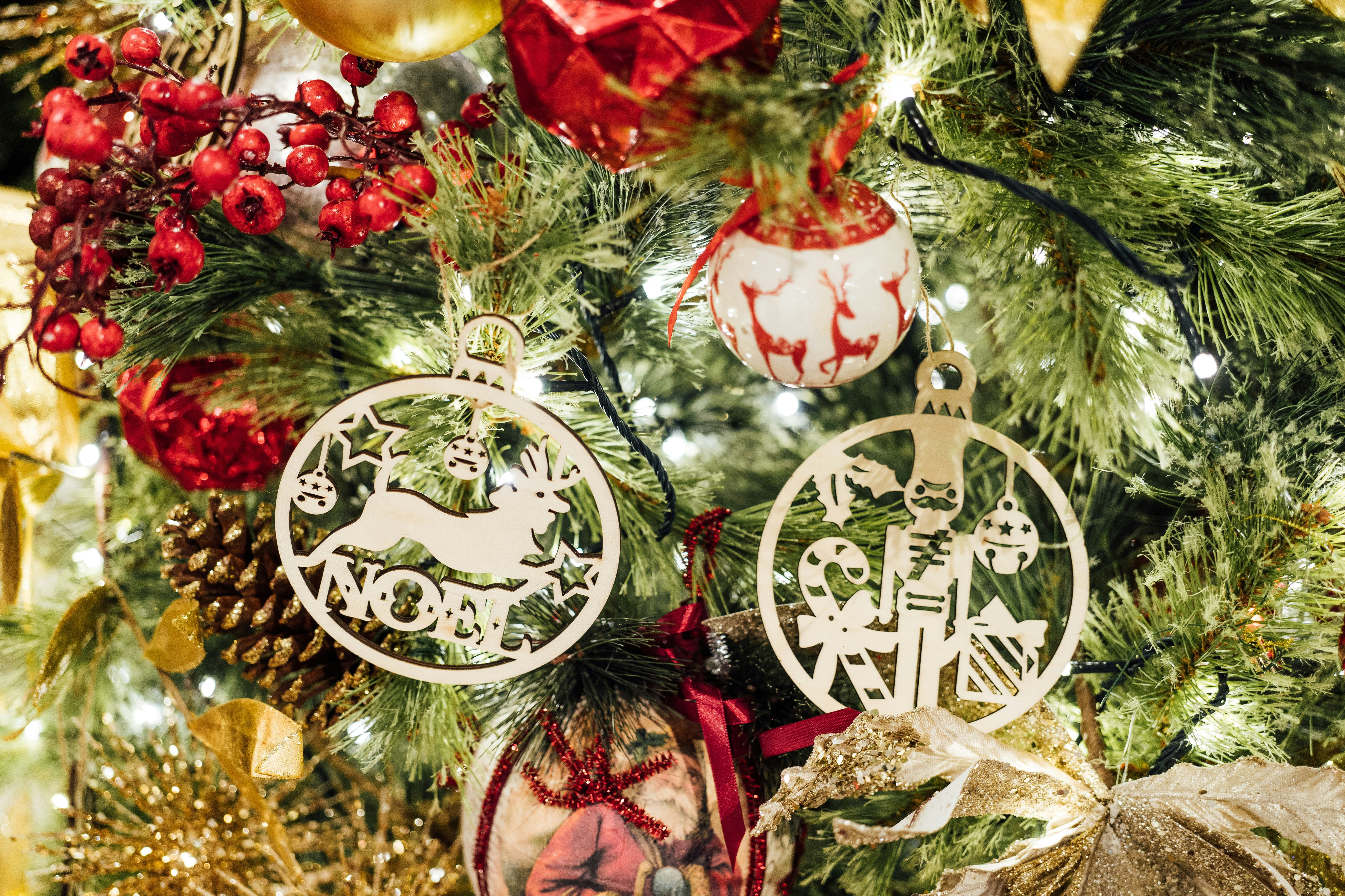 a christmas tree with ornaments hanging from it