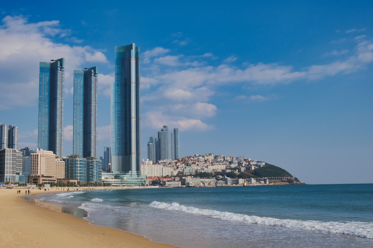Busan January — Haeundae Beach with the city skyline of high-rises in the quiet of winter