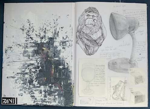 A sketchbook page showing symbolic drawings and notes blending anthropology and art