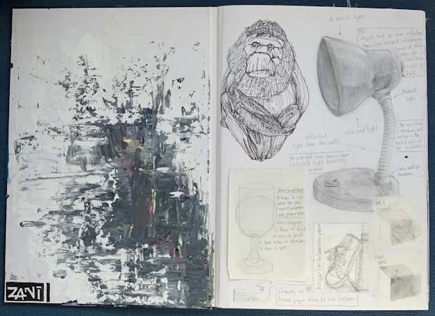 The image consists of two pages from a sketchbook. The left page displays an abstract painting with a mix of black, white, and some hints of red and yellow, with the name 'ZANI' in the corner. The right page features detailed pencil sketches of different objects, including a gorilla, a lamp, a glass, and a shoe. There are handwritten notes with arrows pointing to different parts of the sketches, discussing light reflection and drawing techniques.