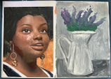 A two-page artwork features a realistic portrait of a person with expressive eyes and textured skin. The figure wears statement earrings. On the opposite page, a monochromatic painting shows a white pitcher holding a bouquet of purple flowers with green foliage.