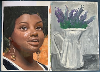 A two-page artwork features a realistic portrait of a person with expressive eyes and textured skin. The figure wears statement earrings. On the opposite page, a monochromatic painting shows a white pitcher holding a bouquet of purple flowers with green foliage.