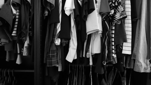 a closet filled with lots of different types of shirts