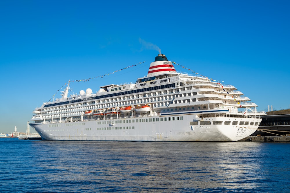 a large cruise ship docked in a harbor