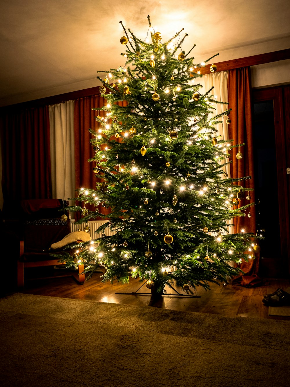 a lit christmas tree in a living room