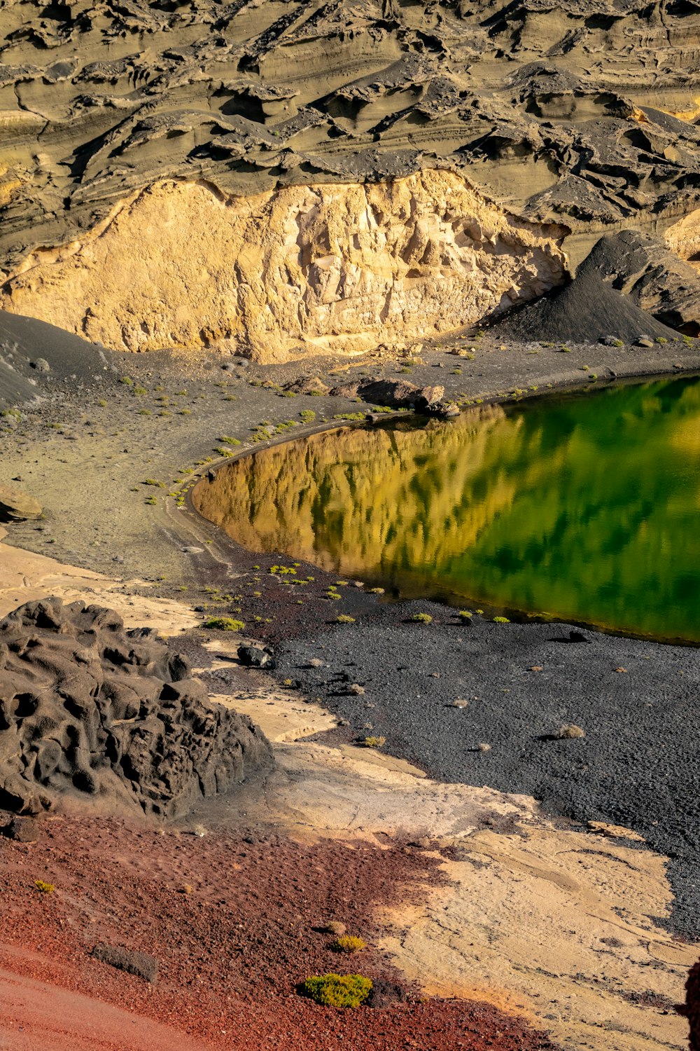 a green pond surrounded by rocks and sand