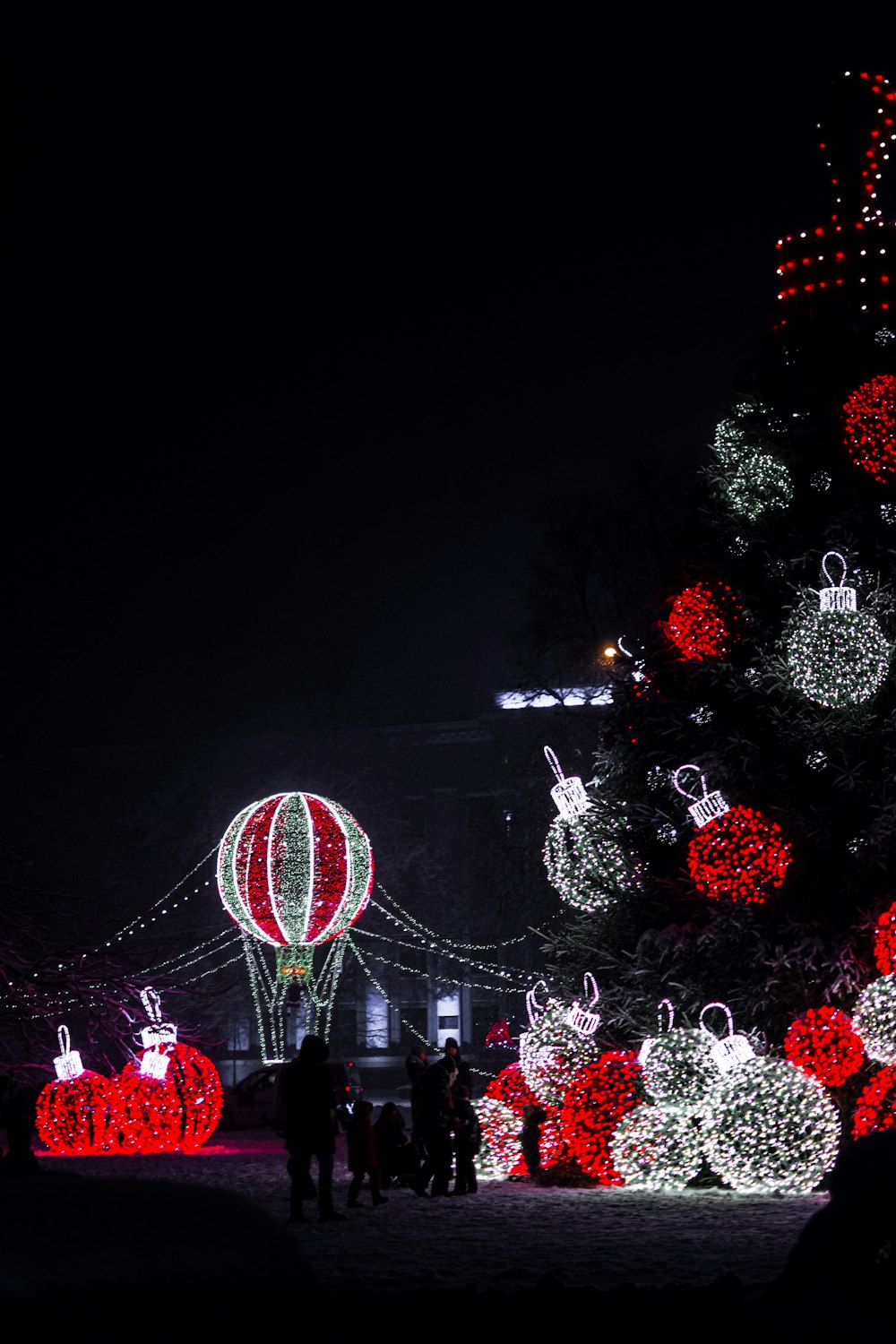 a lighted christmas tree in a park at night