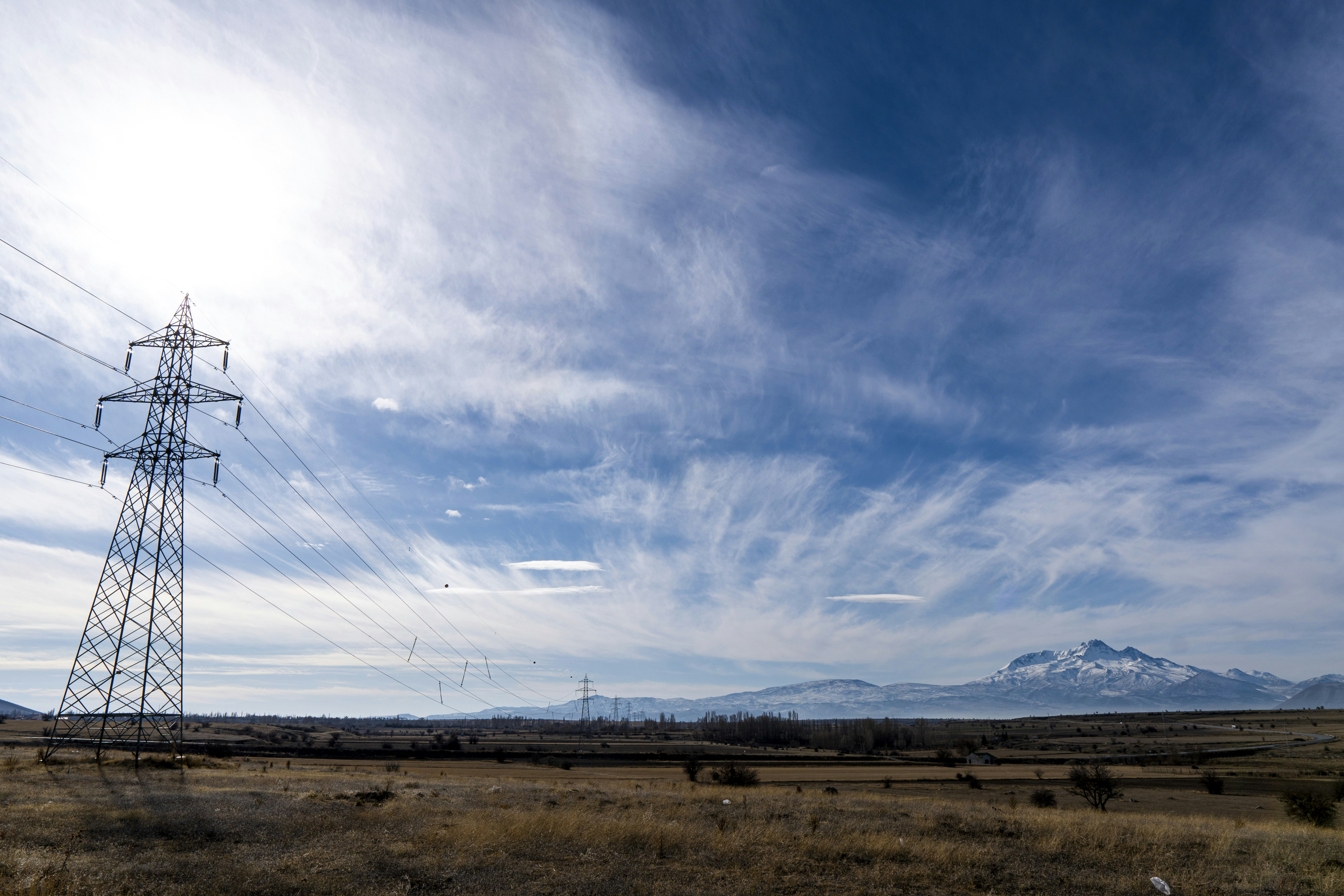 Un champ avec des lignes électriques et une montagne en arrière-plan