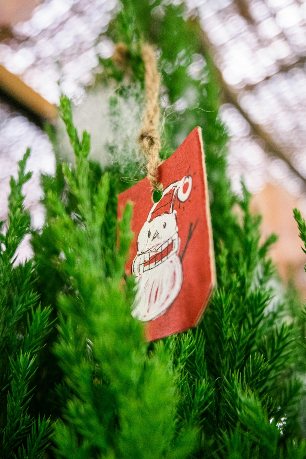 a red ornament hanging from a green christmas tree