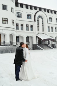 a bride and groom standing in the snow in front of a large white building
