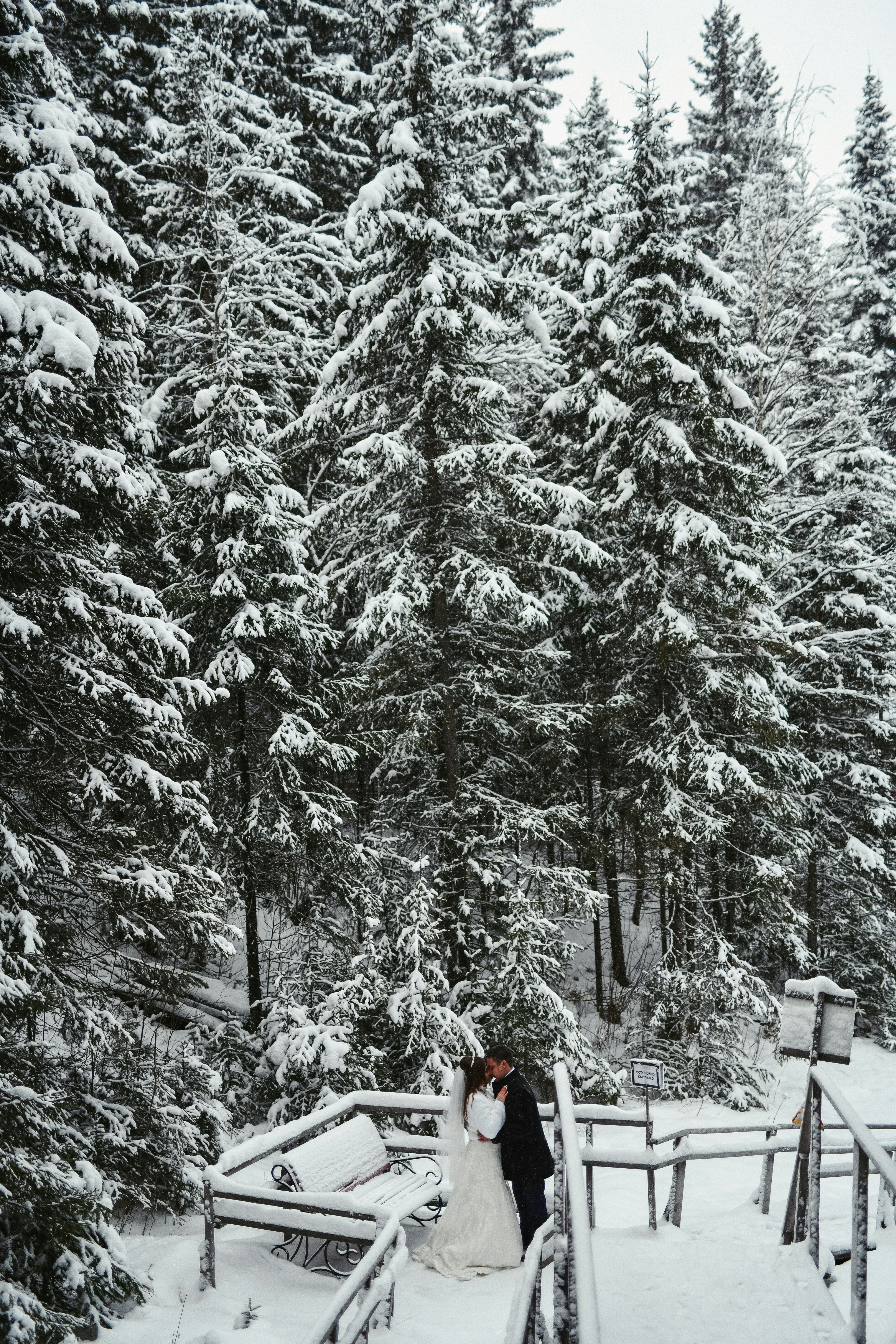 a bride and groom standing on a bridge in the snow