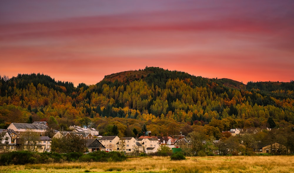 Ein malerischer Blick auf eine Stadt mit einem Berg im Hintergrund