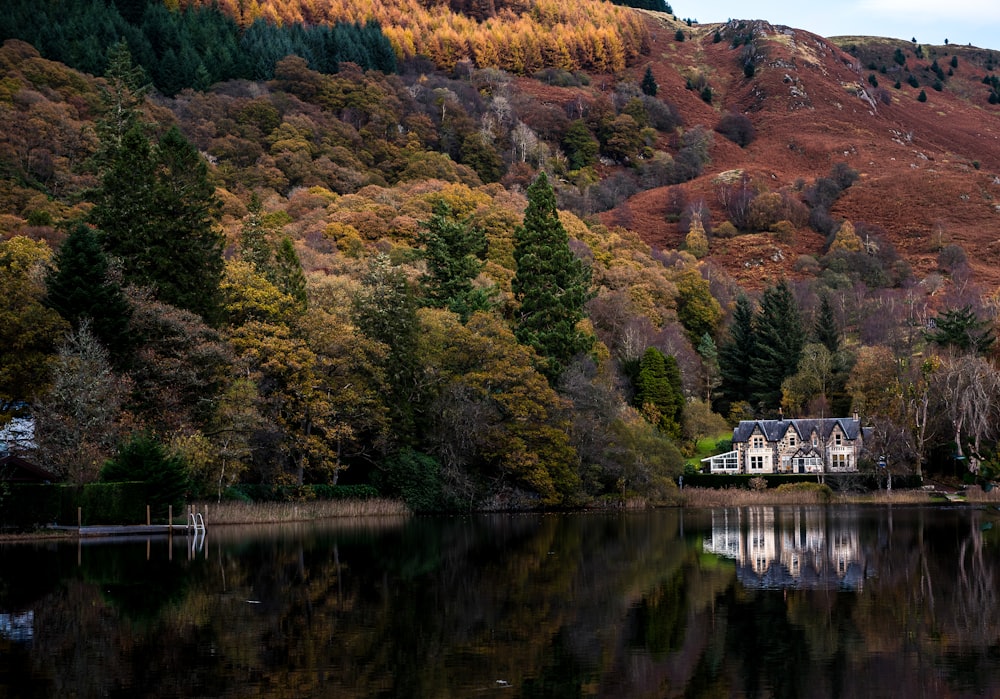 Ein Haus auf einem See, umgeben von Bäumen