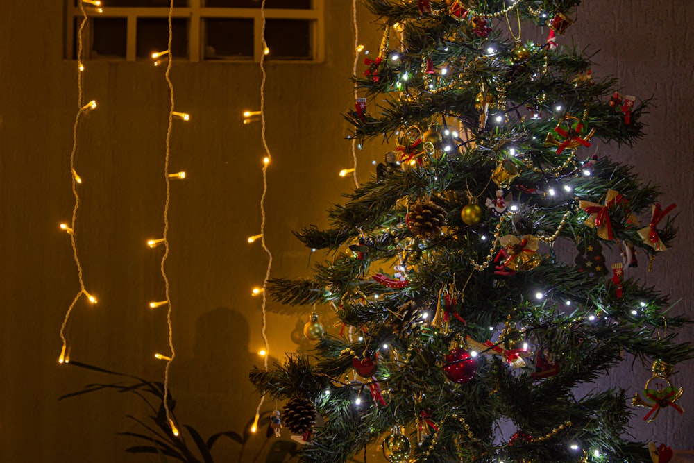 uma árvore de Natal iluminada na frente de uma janela