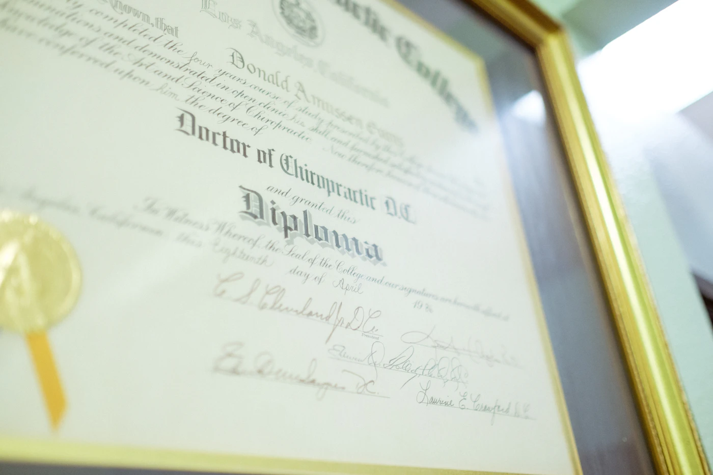 A framed diploma or professional credential with a gold seal