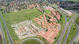 an aerial view of a city with lots of buildings